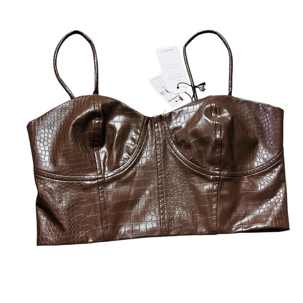 NWT Express Womens Body Contour Corset Leather Crop Coquette Brown M